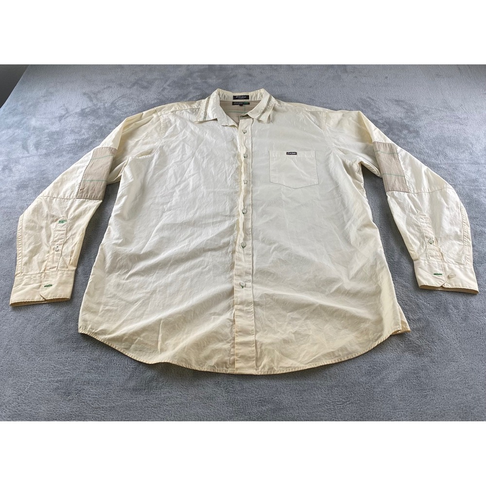 Ecko Unltd Mens XXL Cream Cotton Button Down Shirt‎ Plaid Elbow Patches Rhino